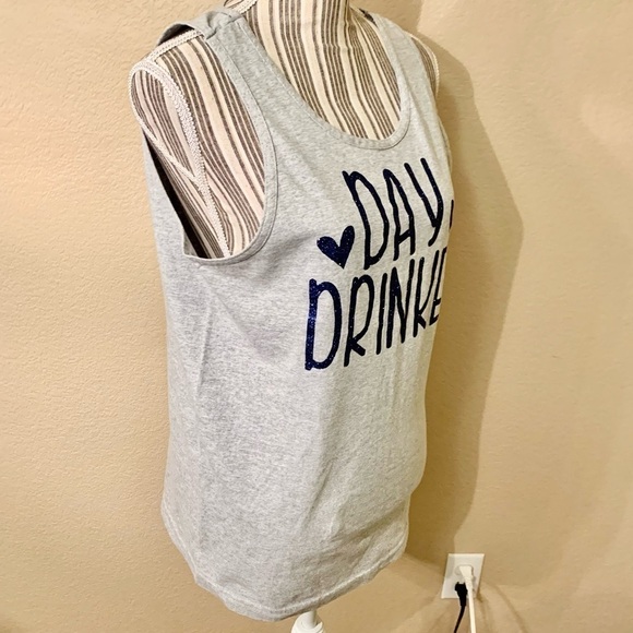 Graphic Tank Top Medium Grey “Day Drinker” Blue Glittery Print Alstyle Cotton - Picture 6 of 15